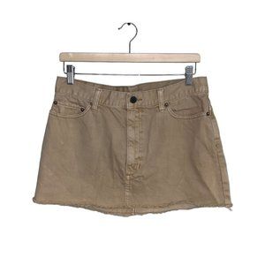 Free People Denim Mini Skirt Tan Frayed Hem Bohemian Boho Stitching Women Size 8